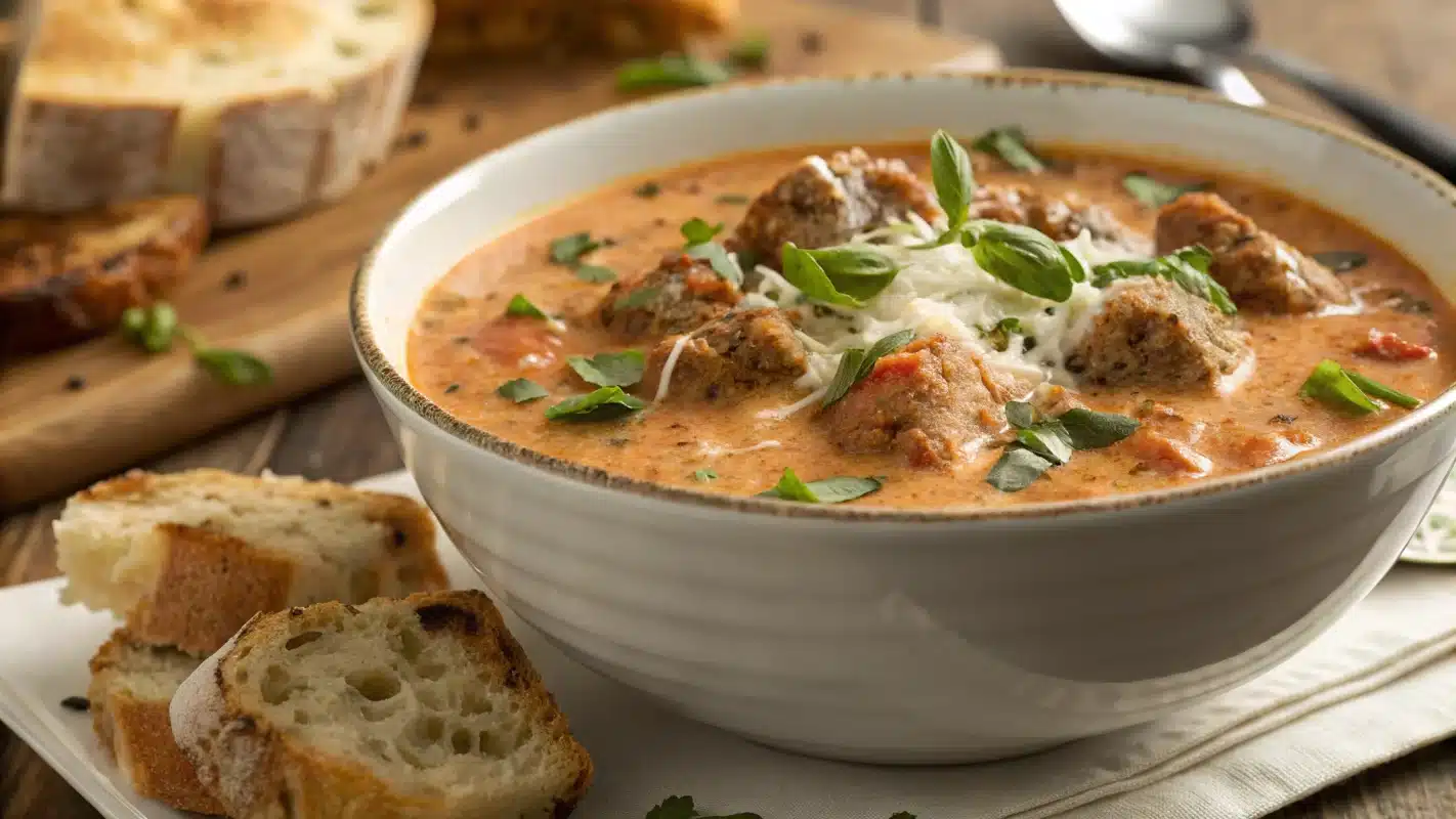 Creamy Parmesan Italian sausage soup with fresh basil and Parmesan.