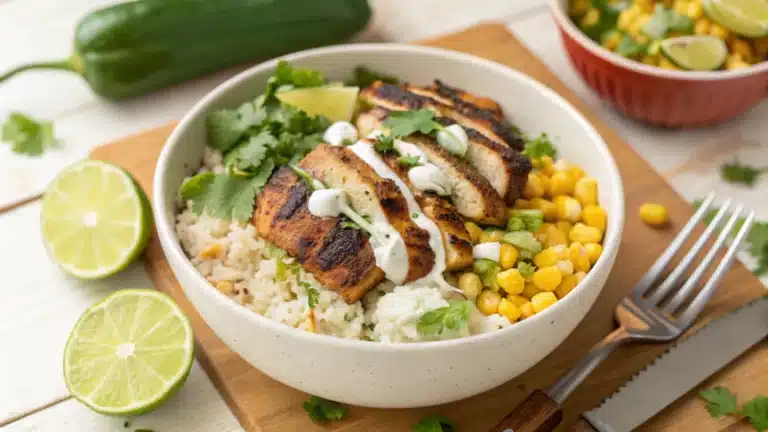 Street Corn Chicken Rice Bowl served with grilled chicken, charred corn, cilantro-lime rice, cotija cheese, and creamy lime sauce.