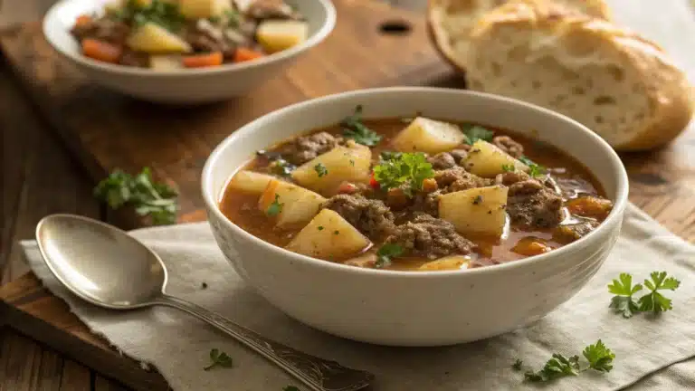 warm, inviting bowl of hamburger potato soup with fresh herbs and crusty bread on a rustic wooden table.