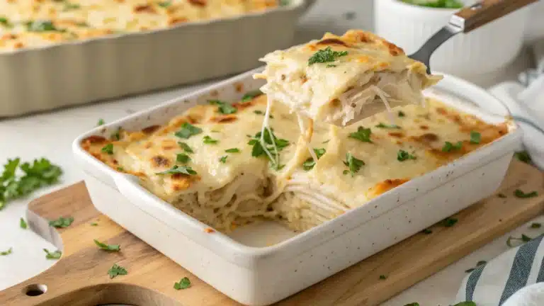 A cheesy and creamy chicken Alfredo lasagna in a white baking dish, with a golden brown top and a slice being lifted.