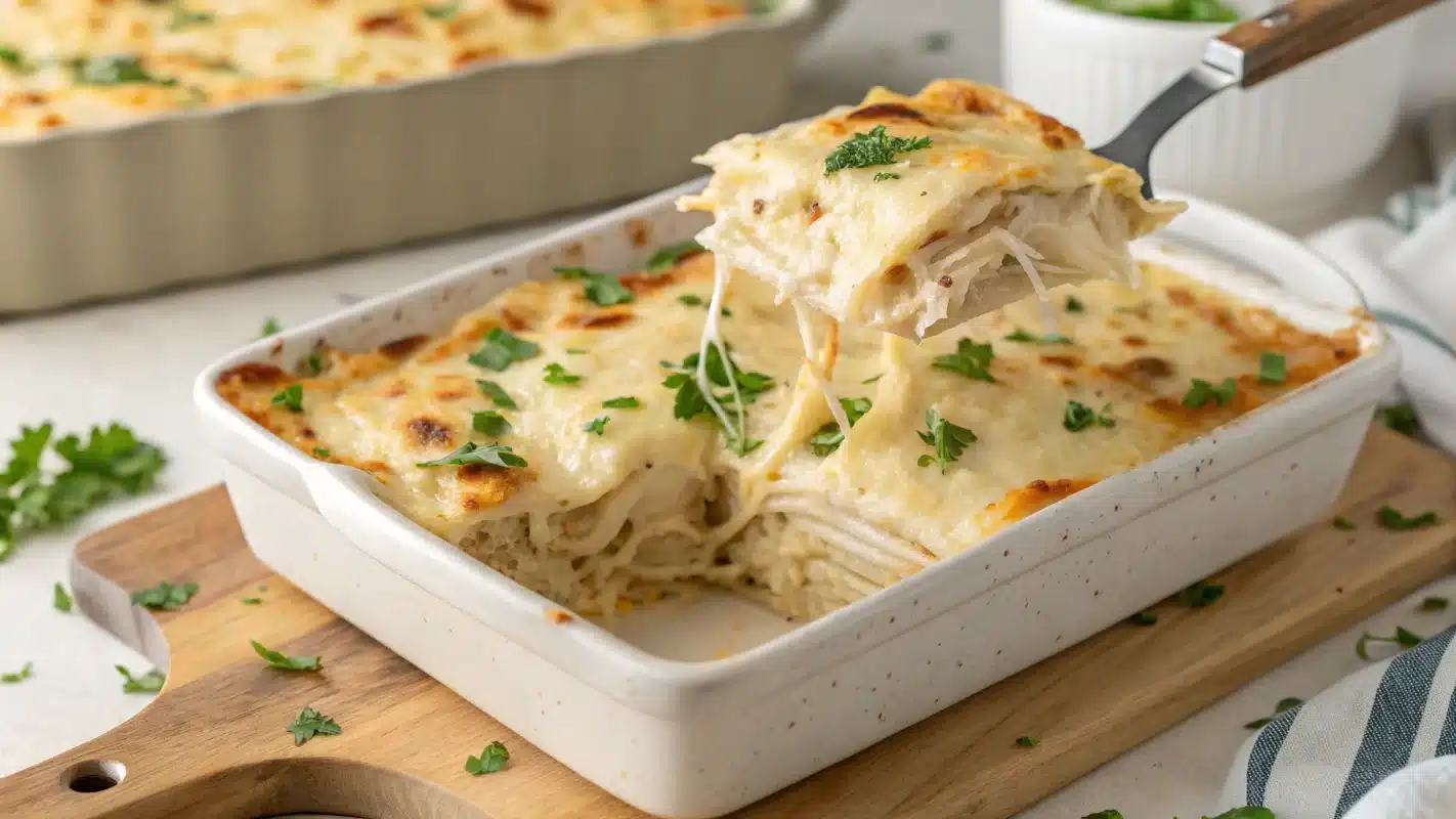 A cheesy and creamy chicken Alfredo lasagna in a white baking dish, with a golden brown top and a slice being lifted.