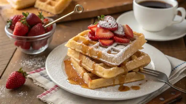 Strawberry waffles recipe – a stack of golden waffles with fresh strawberries and maple syrup on a white plate.