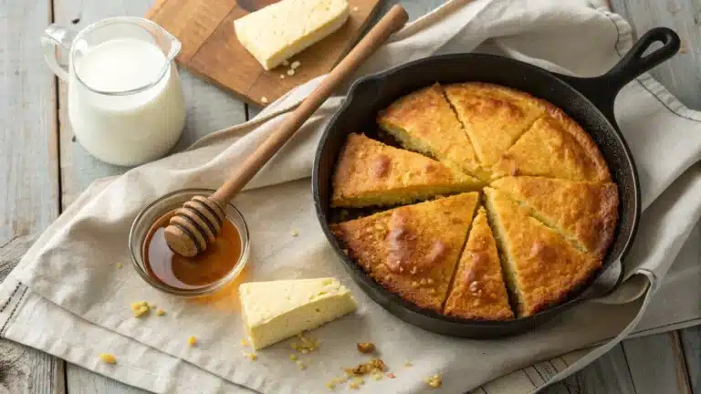 What Happens If You Don’t Put Eggs in Cornbread? A golden cornbread slice with honey and butter in a cast-iron skillet.