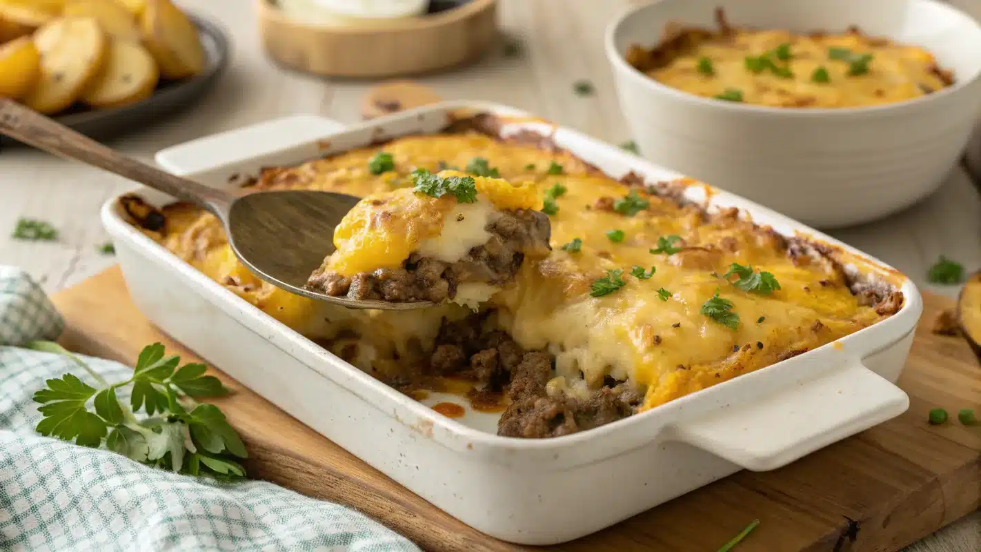 Cheesy hamburger potato casserole fresh out of the oven with golden melted cheese and a serving spoon revealing the layers inside.