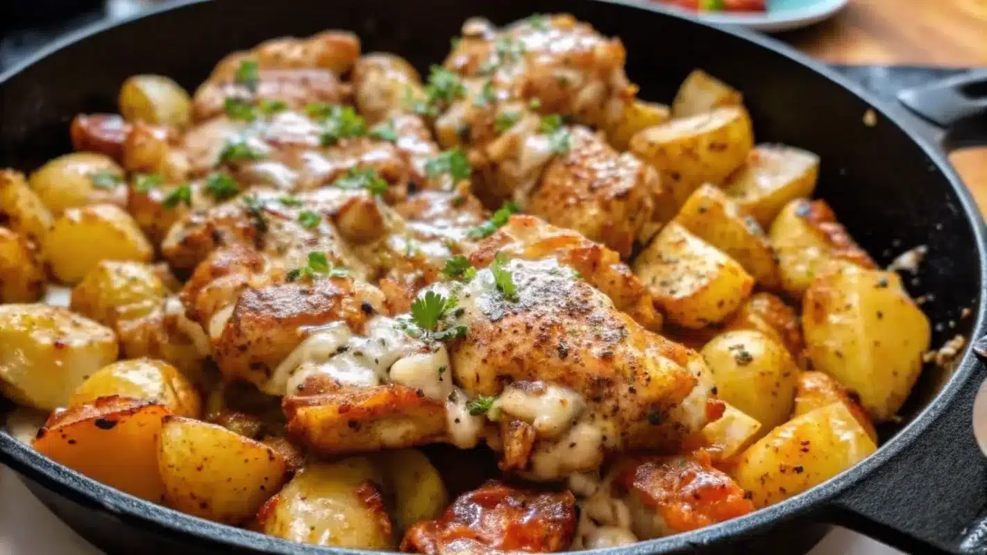 Delicious Garlic Parmesan Chicken and Potatoes plated with fresh herbs and a golden parmesan crust.