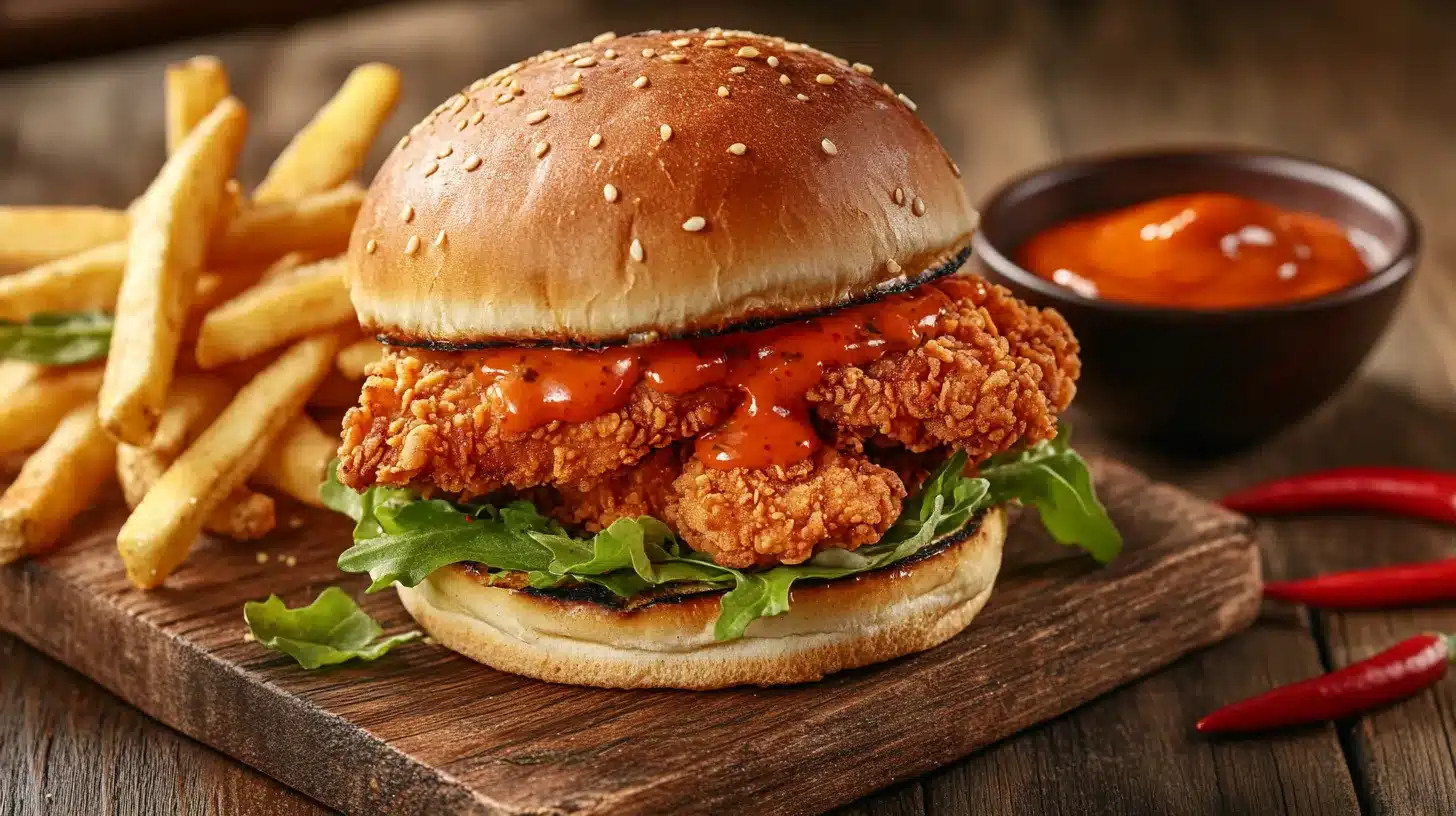Best spicy chicken sandwich with crispy fried chicken, spicy sauce, and fresh brioche bun.