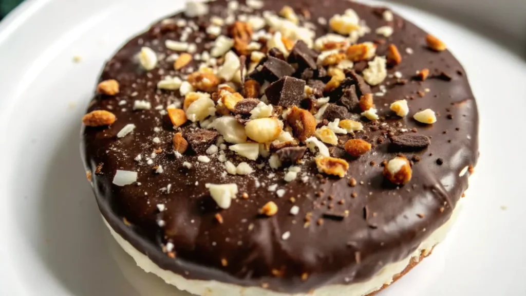 chocolate rice cake topped with chopped nuts and chocolate chunks, placed on a white plate.