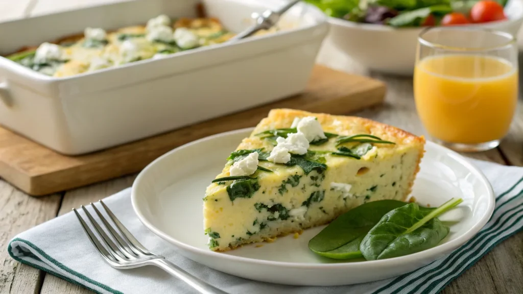 A slice of baked cottage cheese eggs with spinach and feta, served on a white plate with a side salad and orange juice.