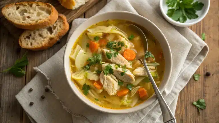 Chicken cabbage soup in a rustic bowl, garnished with parsley, served with a spoon and bread on a wooden table.