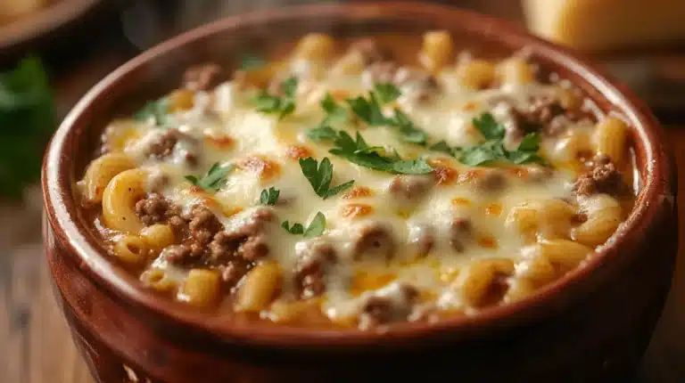 Cheeseburger macaroni soup in a rustic bowl with melted cheese