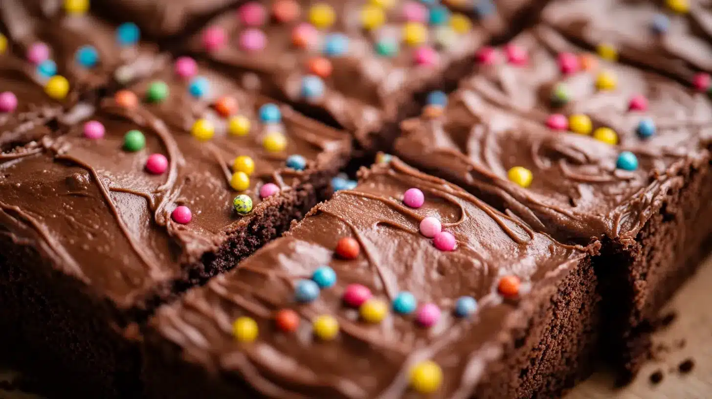 Cosmic Brownies with chocolate frosting and colorful sprinkles