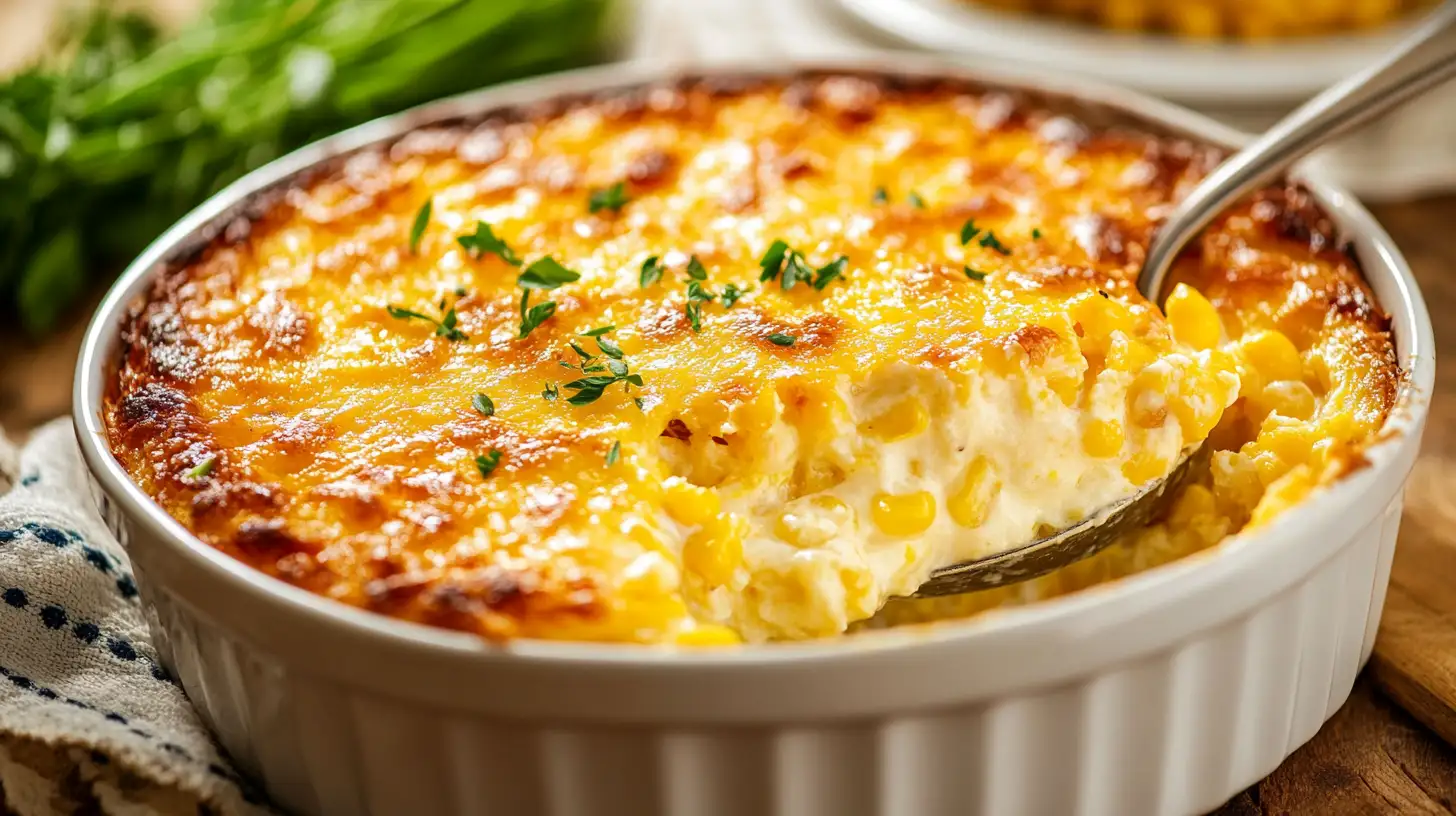 Cream cheese corn casserole with a golden-brown crust.
