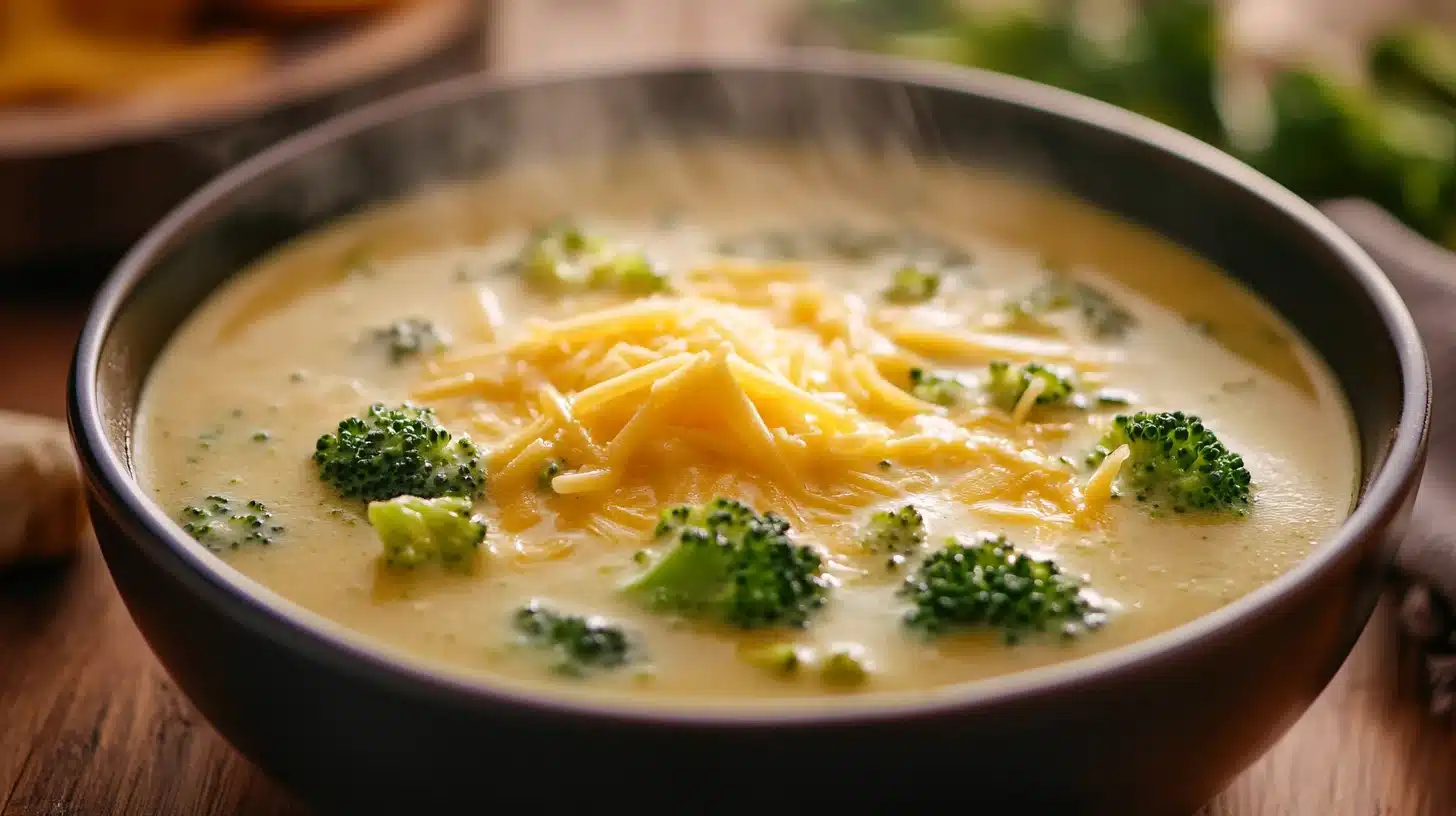 A warm bowl of chicken broccoli cheese soup with melted cheddar and fresh broccoli, served on a rustic wooden table