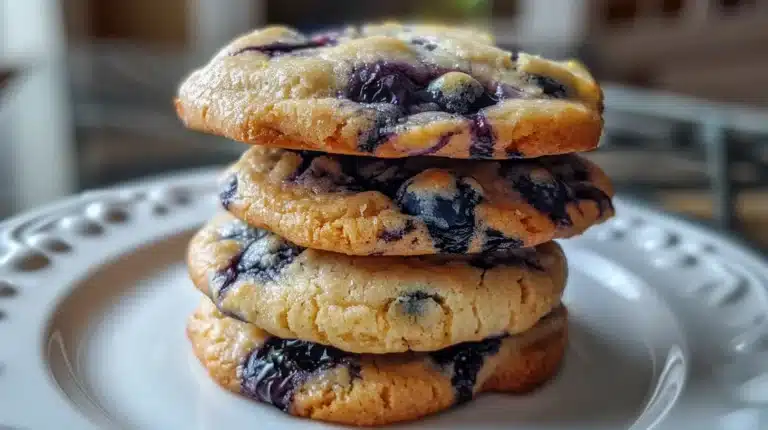 Stack of lemon blueberry cookies with fresh lemons and blueberries