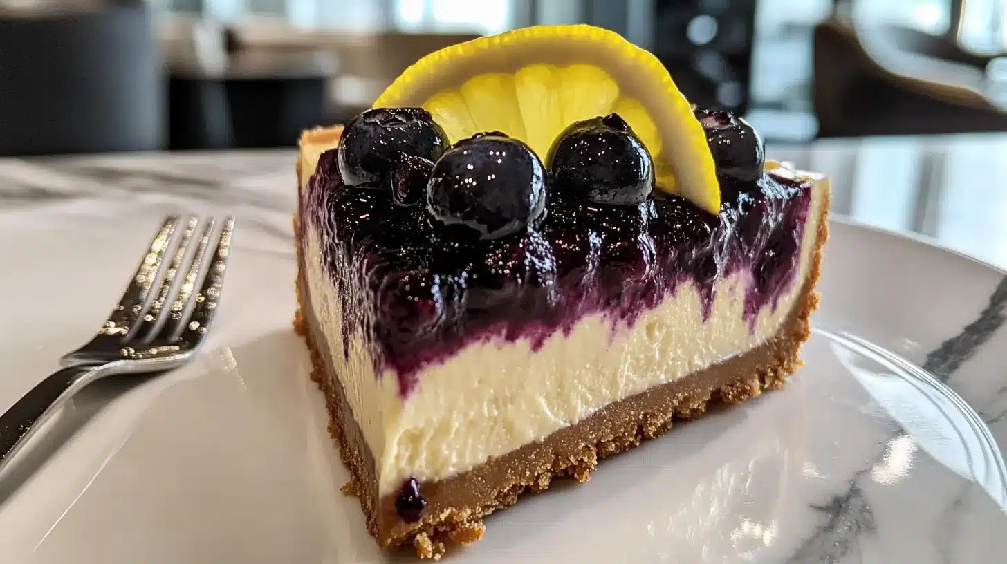 a lemon blueberry cheesecake with golden crust and blueberry topping