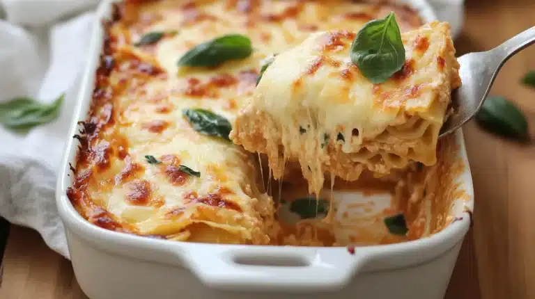 Butter bean lasagna in a white ceramic dish, with a slice being lifted, showcasing layers of beans, pasta, and cheese.