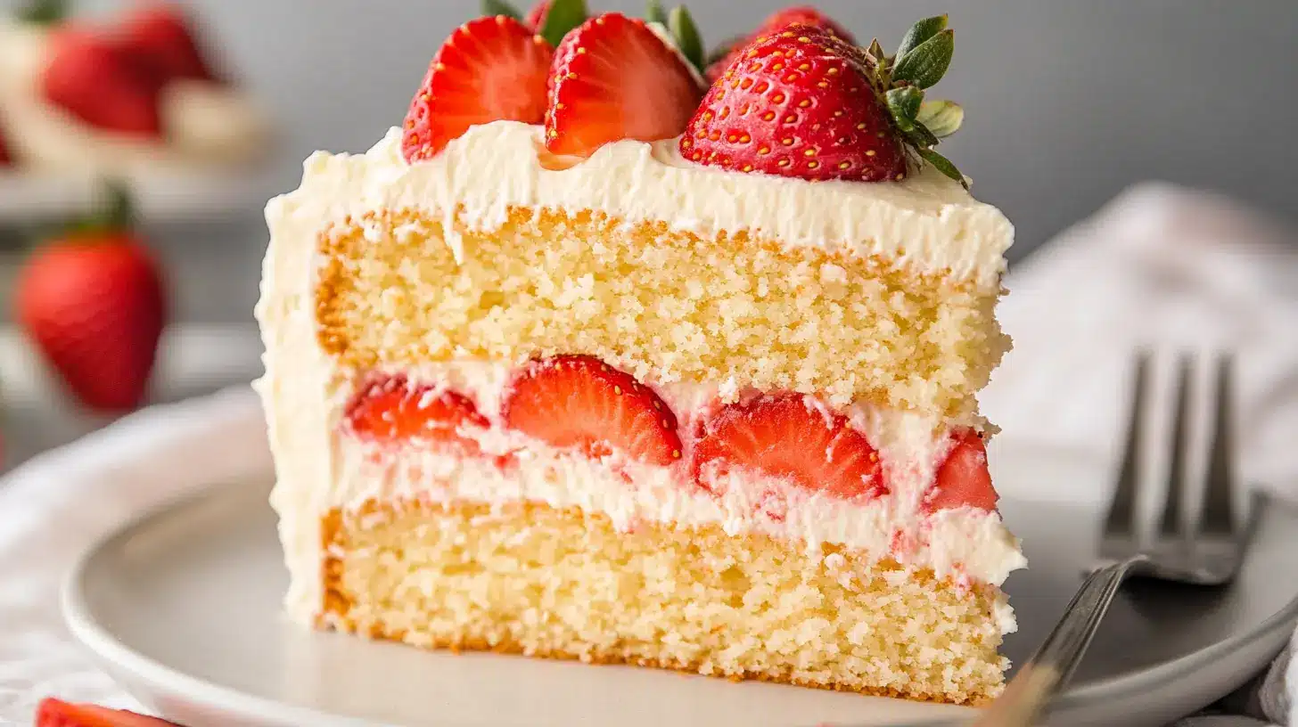 Moist strawberry vanilla cake with creamy frosting.