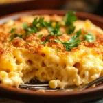 A cast-iron skillet filled with creamy Smoked Mac and Cheese, topped with golden, crispy breadcrumbs.