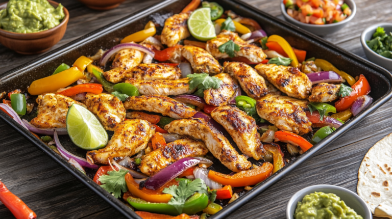 Sheet Pan Chicken Fajitas with colorful bell peppers, onions, and lime wedges on a baking sheet, served with warm tortillas.
