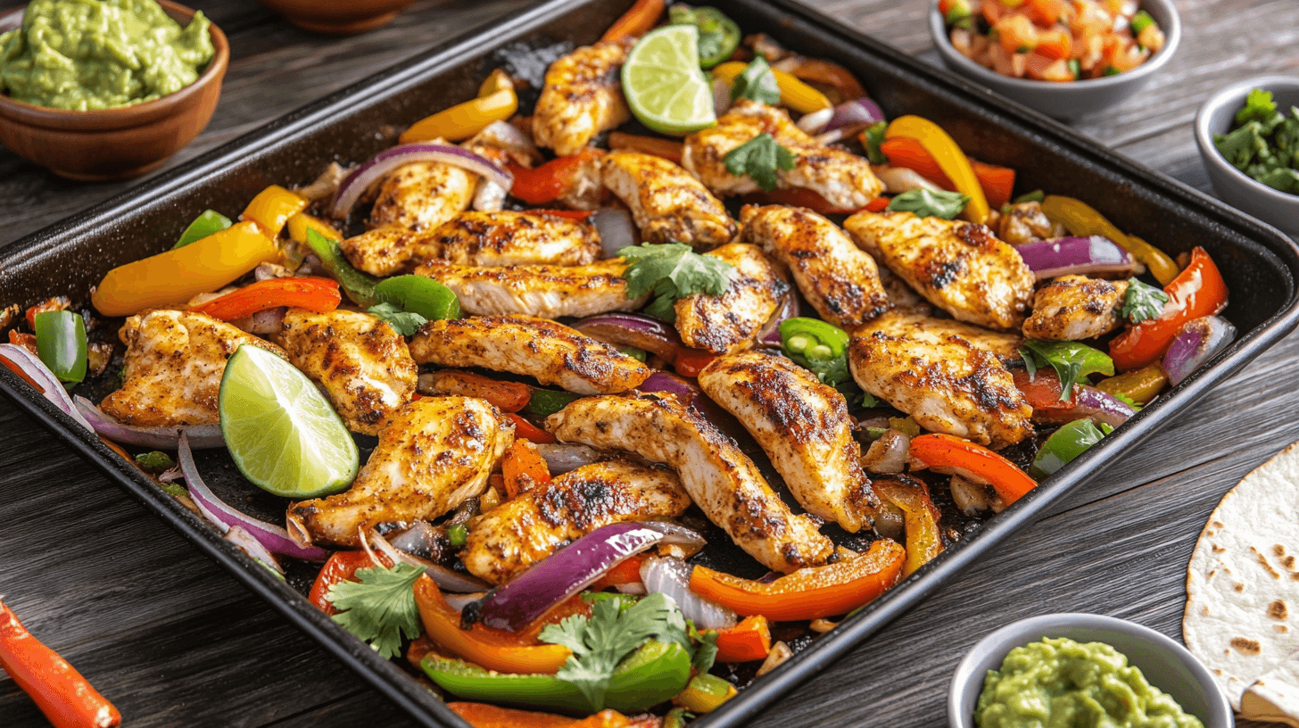 Sheet Pan Chicken Fajitas with colorful bell peppers, onions, and lime wedges on a baking sheet, served with warm tortillas.