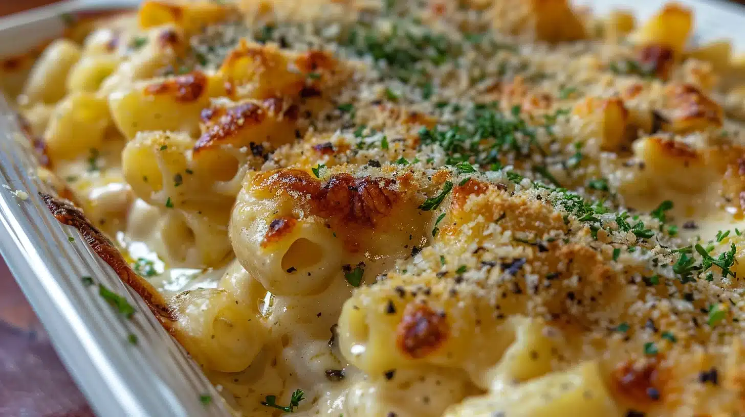 Creamy Smoked Mac and Cheese in a cast-iron skillet with a golden, crispy topping and cheese pull