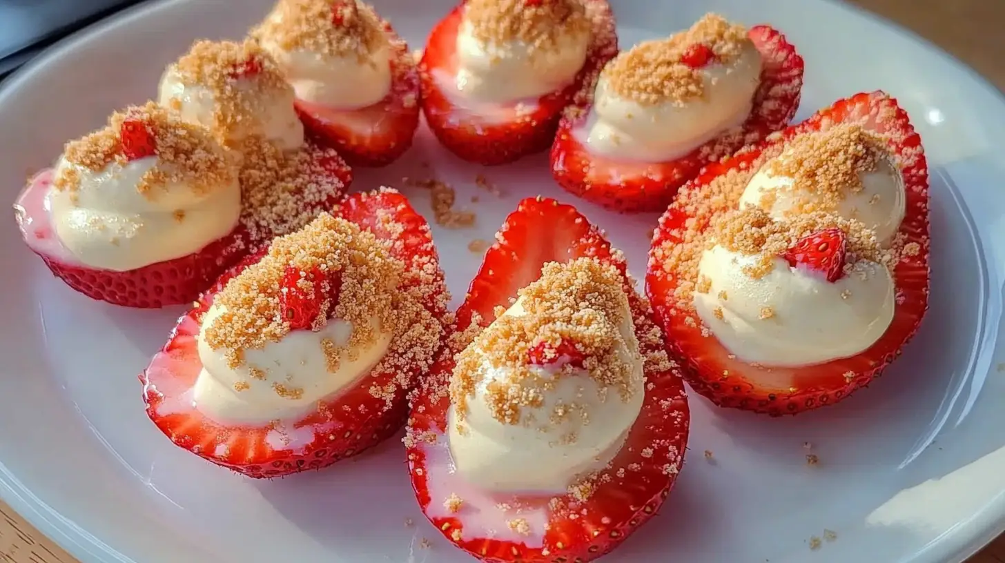 Cheesecake deviled strawberries on a white plate