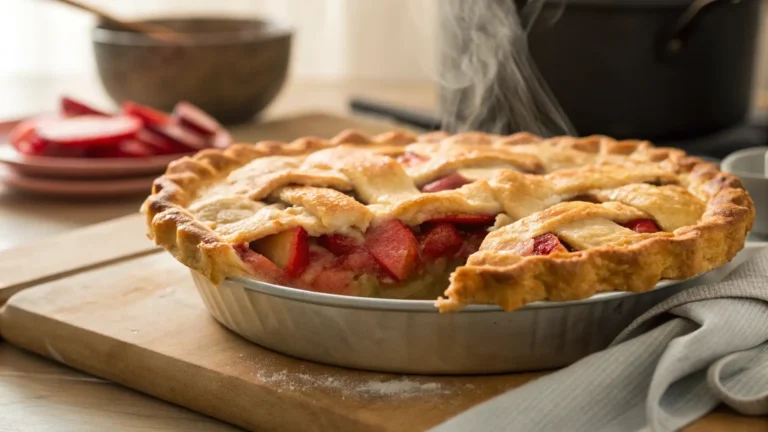 apple rhubarb pie fresh from oven with flaky crust