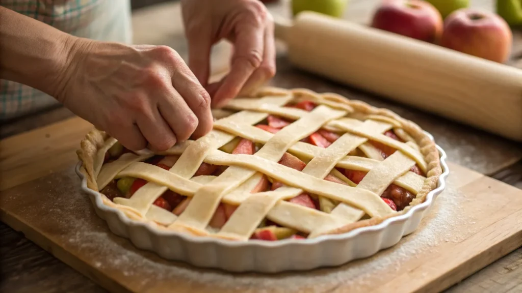 placing lattice crust on apple rhubarb pie