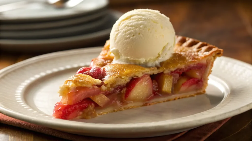 apple rhubarb pie served with vanilla ice cream