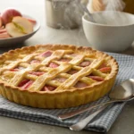 a Apple Rhubarb Pie with apples on a napkin