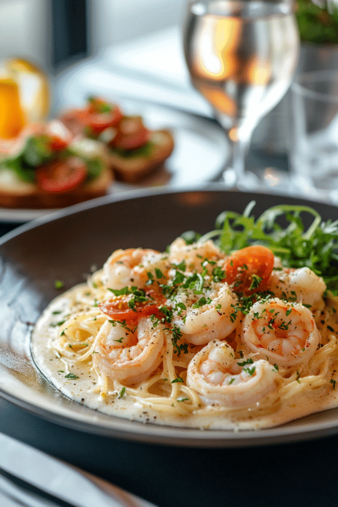 Creamy shrimp pasta garnished with fresh parsley and cherry tomatoes, served with arugula on a black plate, ideal for an elegant dinner.