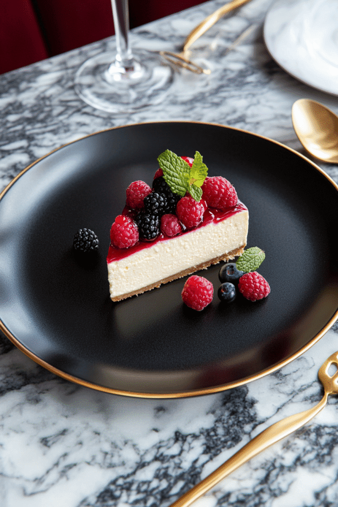 Slice of creamy cheesecake topped with raspberries, blackberries, and blueberries, garnished with mint, served on a black plate with gold trim.