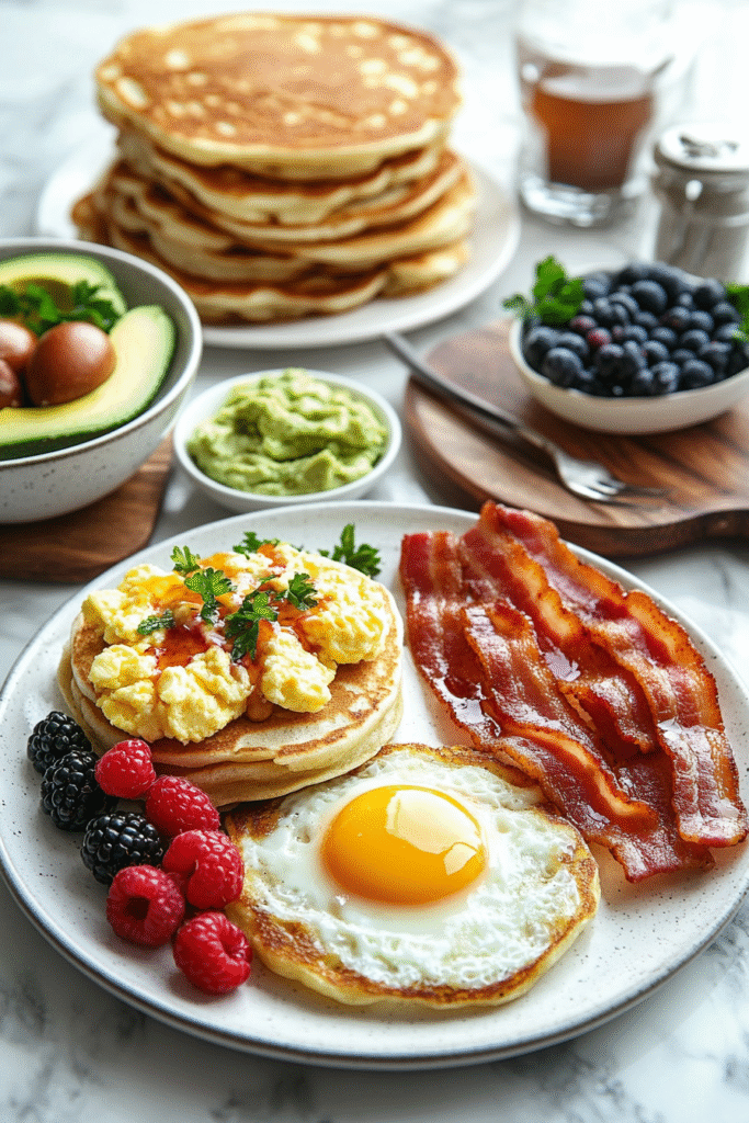Classic American breakfast plate with scrambled eggs on pancakes, crispy bacon, sunny-side-up egg, fresh berries, avocado, guacamole, and blueberries.