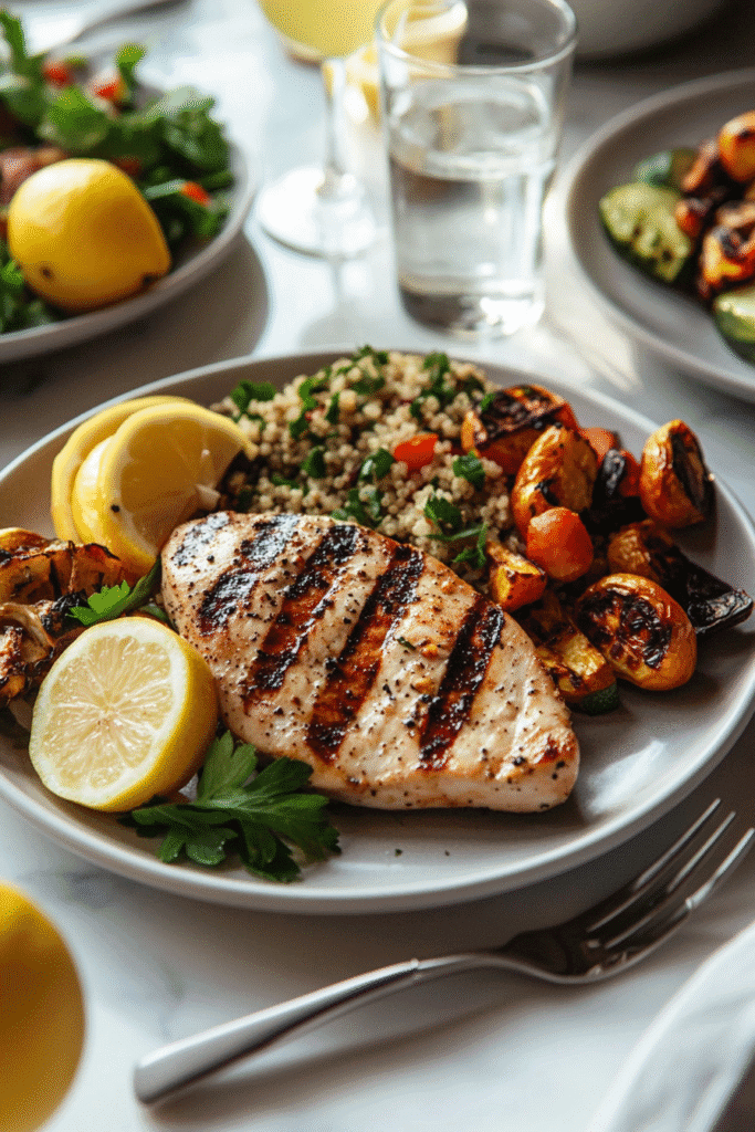 Grilled chicken breast served with lemon wedges, roasted vegetables, and a fresh quinoa salad on a gray plate, perfect for a healthy lunch.