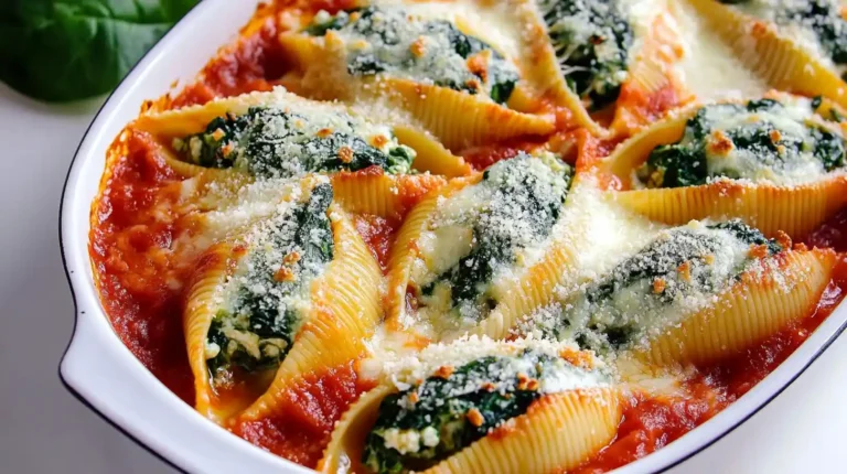 Baked spinach and ricotta stuffed pasta shells topped with parmesan cheese in tomato sauce