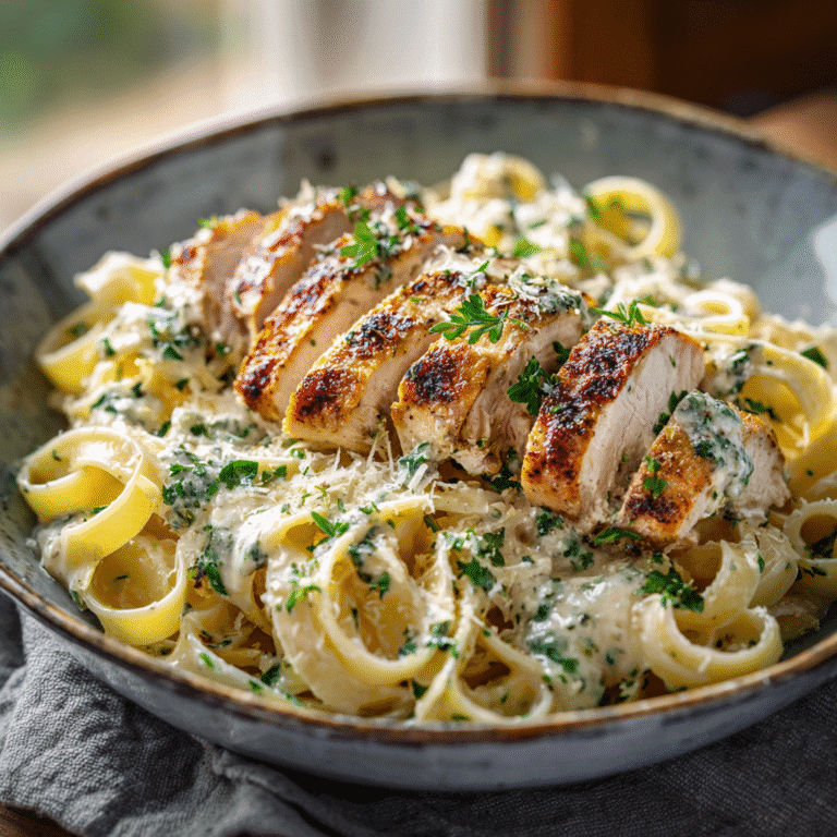 Creamy Garlic Parmesan Chicken Pasta – Rich, Cheesy, and Comforting Introduction When it comes to comfort food, nothing beats a plate of pasta coated in a luscious cream sauce. This Creamy Garlic Parmesan Chicken Pasta combines juicy seared chicken, a velvety Parmesan sauce, and tender pasta into a dish that’s hearty, cheesy, and absolutely satisfying. Perfect for busy weeknights or special family dinners, this recipe is quick to prepare yet impressive enough to serve to guests. With layers of garlic flavor, melted Parmesan, and perfectly cooked chicken, it’s a dish you’ll want to make again and again. Ingredients 2 large chicken breasts, boneless and skinless 2 tbsp olive oil 2 tbsp butter 4 cloves garlic, minced 1 cup heavy cream 1 cup chicken broth 1 cup Parmesan cheese, grated 12 oz pasta (penne, fettuccine, or spaghetti) ½ tsp Italian seasoning ½ tsp paprika Salt and black pepper, to taste Fresh parsley, chopped (for garnish) Step-by-Step Instructions Step 1 – Cook the Pasta Bring a large pot of salted water to a boil. Cook pasta until al dente. Reserve ½ cup pasta water, drain, and set aside. Step 2 – Prepare the Chicken Season chicken breasts with paprika, salt, and pepper. Heat olive oil in a skillet over medium-high heat. Cook chicken for 5–6 minutes per side until golden brown and cooked through. Remove from skillet and slice into strips. Step 3 – Make the Garlic Parmesan Sauce In the same skillet, melt butter. Add garlic and sauté for 1 minute until fragrant. Stir in chicken broth and heavy cream. Simmer for 3–4 minutes, then whisk in Parmesan cheese until smooth and creamy. Step 4 – Combine Pasta and Chicken Add the cooked pasta and sliced chicken into the skillet. Toss to coat evenly, adding a splash of reserved pasta water if needed to loosen the sauce. Step 5 – Serve Season with Italian seasoning, salt, and pepper. Garnish with fresh parsley and extra Parmesan. Serve immediately. Recipe Info Prep Time: 10 minutes Cook Time: 25 minutes Total Time: 35 minutes Servings: 4 Why You’ll Love This Recipe Creamy and Cheesy – The Parmesan sauce is rich, velvety, and full of garlic flavor. Family-Friendly – Loved by both kids and adults. Quick & Easy – Ready in just 35 minutes. Versatile – Works with different pasta shapes or proteins. Tips and Variations Cheese Lovers: Mix in mozzarella or Asiago for extra cheesiness. Veggie Boost: Add spinach, mushrooms, or broccoli to the sauce. Protein Swap: Use shrimp or turkey instead of chicken. Lighter Version: Use half-and-half instead of heavy cream. What to Serve with Creamy Garlic Parmesan Chicken Pasta Garlic bread or focaccia Caesar salad or a simple green salad Roasted vegetables (asparagus, zucchini, or broccoli) A chilled glass of Chardonnay or sparkling water with lemon Nutritional Information (per serving, approx.) Calories: 520 Protein: 36 g Fat: 24 g Carbohydrates: 42 g Fiber: 2 g Frequently Asked Questions Can I make this ahead of time? It’s best served fresh, but you can store leftovers in the fridge for up to 3 days. Reheat with a splash of milk or cream. Can I use pre-cooked chicken? Yes. Rotisserie chicken works well—just add it to the sauce to warm through. Can I make this gluten-free? Absolutely. Use gluten-free pasta and check broth labels for gluten-free certification. What pasta works best? Fettuccine, penne, and spaghetti all work well—the sauce clings beautifully to each. Internal Link Suggestions For another cheesy dinner, try our [Cheddar Parmesan Chicken Pasta]. Love creamy flavors? Explore [Creamy Mushroom Pasta]. Want something lighter? Check out [Chicken Cabbage Soup]. Conclusion This Creamy Garlic Parmesan Chicken Pasta is rich, comforting, and full of flavor. With juicy chicken, a creamy Parmesan sauce, and perfectly cooked pasta, it’s the ultimate comfort food for any occasion. Whether you’re feeding your family or impressing dinner guests, this dish delivers every time.