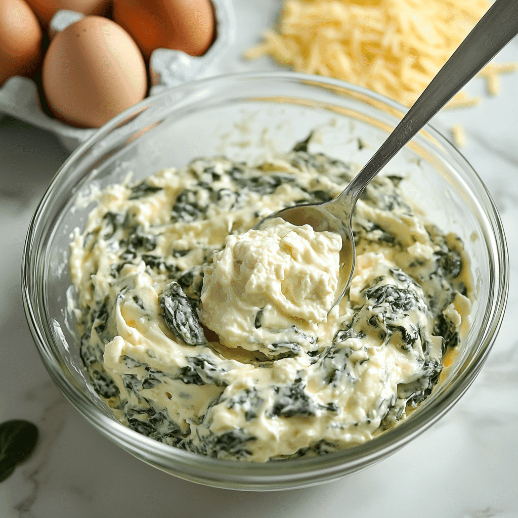 Mixing spinach and ricotta filling for stuffed pasta shells