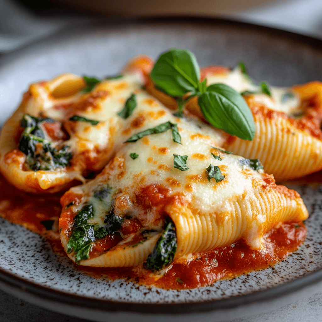 Spinach and ricotta stuffed shell served on ceramic plate