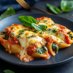 Close-up of spinach and ricotta stuffed pasta shells baked with tomato sauce, melted mozzarella, and fresh basil on a dark plate.