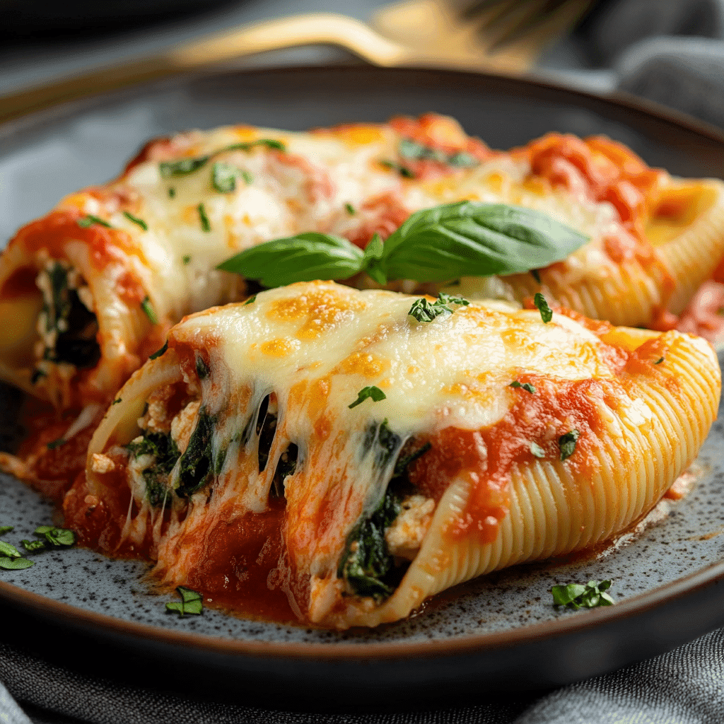 Spinach and ricotta stuffed pasta shells topped with tomato sauce, melted mozzarella, and fresh basil on a ceramic plate.