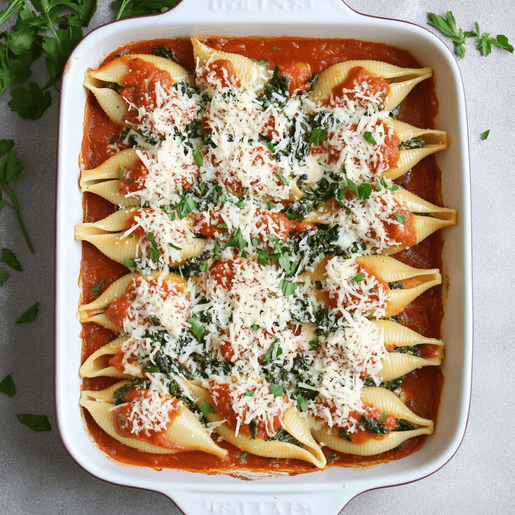 Unbaked spinach and ricotta shells in modern white dish with cheese and marinara