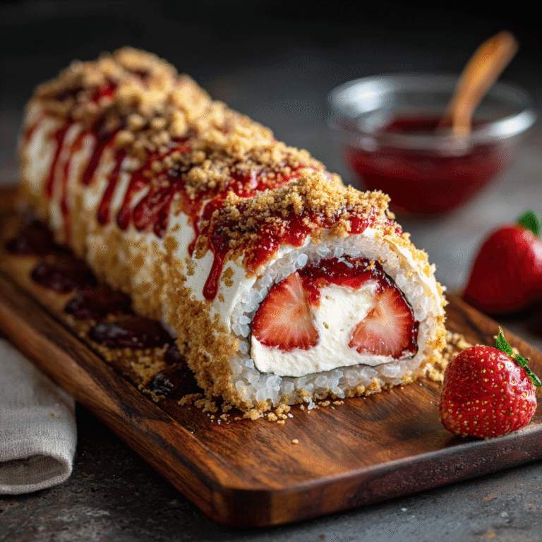 strawberry shortcake sushi rolls on a board with whipped cream and fresh strawberries