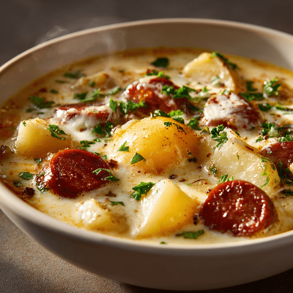 potato and sausage chowder recipe ingredients on a sleek marble countertop: diced Yukon Gold potatoes, sliced turkey sausage, chopped carrots celery onion, garlic cloves, chicken broth carton, heavy cream bottle, cheddar cheese shreds, dried thyme jar, butter stick, bright natural daylight, clean minimalist food styling, vibrant colors, high resolution